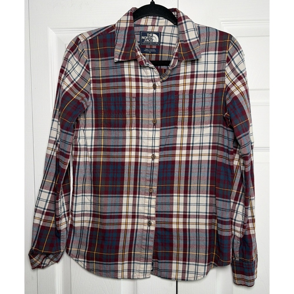 The North Face Plaid Button Down Womens Size S Red Blue Hiking Flannel Cotton